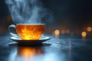 Steaming Cup of Tea in Dimly Lit Ambiance - Cozy Evening Relaxation Concept photo