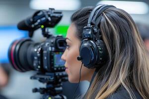 Young woman with professional camera and headphones photo