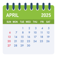 april 2025 kalender sida som visar dagar, Veckor och månader png