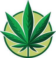 Cannabis leaf icon, stylized green marijuana symbol, circular emblem design, vibrant green and lime colors, graphic vector