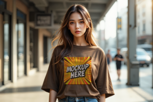 A beautiful young woman with long brown hair stands outdoors, T-shirt Mockup psd