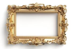 An ornate golden picture frame showcasing intricate designs and curves. photo