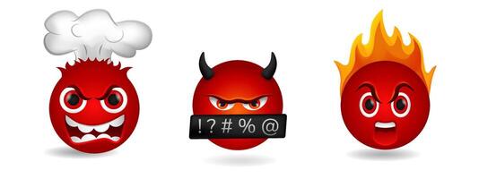 Mad devil emoji with red flames, grumpy expression, and angry mood. vector
