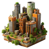 impresionante moderno vibrante contemporáneo post apocalíptico paisaje urbano, desmoronándose rascacielos, descuidado con vegetación, oxidado metal y roto concreto, naranja y marrón color paleta, digital... png