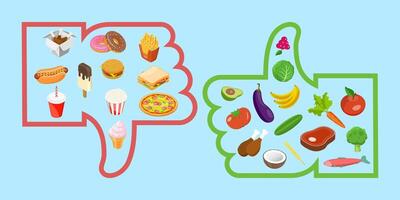3d isométrica plano conceptual ilustración de sano vs basura comida vector