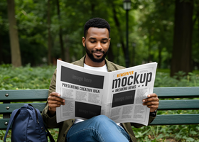 Newspaper in the Hands of a Man in a Park Mockup psd