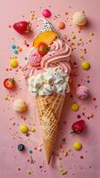 hielo crema cono con asperja en un gofre cono en un rosado antecedentes foto