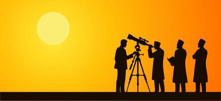 Silhouettes of astronomers observing the sky with a telescope during sunset, symbolizing celestial studies. vector