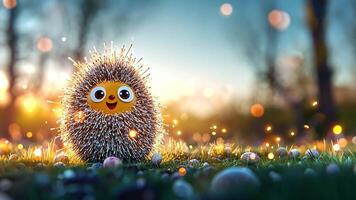 A cheerful animated hedgehog stands in a lush green area, surrounded by colorful stones and sparkling lights during a serene sunset. video