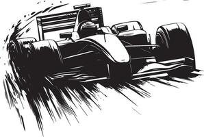 Formula 1 Racing A person driving a race car at extreme speeds, navigating tight corners on a race track. full length silhouette black illustration vector