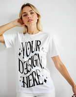 T-shirt mockup used by blonde haired woman posing psd