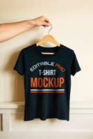 Editable Mockup of a Black T-Shirt on a Wooden Hanger psd