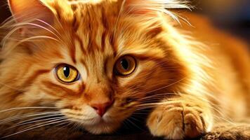 engraçado ampla cabelo longo gatinho com lindo grande verde olhos deitado em branco mesa. adorável fofo gato lambendo lábios. livre espaço para texto. video