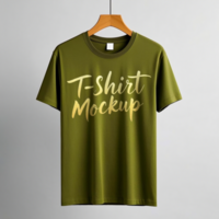Green T-Shirt Mockup With Gold Typography on Wooden Hanger psd