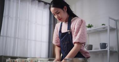 Handheld niedrig Winkel Aussicht Schuss, jung asiatisch Frau ist Schneiden ein Hähnchen in Stücke zum Kochen auf Tabelle auf Tisch. Kochen Konzept ,vorbereiten Essen video