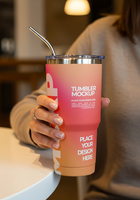 hand holding big tumbler mockup with background psd