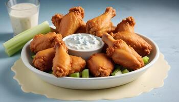 Hot and spicy buffalo wings with refreshing celery and creamy blue cheese dip photo