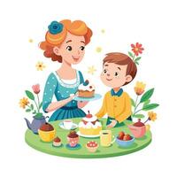 Mother and Son Having a Miniature Garden Tea Party with Fun and Whimsy vector