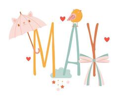 May inscription with a cute umbrella, bird and bow vector