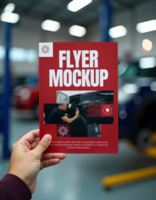 A hand holds up a red flyer mockup advertising auto detailing services psd