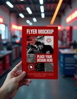 A hand holds a red flyer mockup featuring a mechanic at work ready for custom design psd