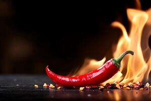 A vibrant red chili pepper with flames, showcasing heat and spice. photo