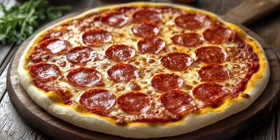 recién horneado pepperoni Pizza servido en un de madera plato en un acogedor restaurante ajuste foto