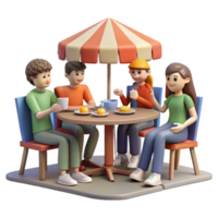 hermosa rústico un grupo de amigos compartiendo un comida a un acera cafetería. urbano vida estilo, natural Encendiendo detallado png