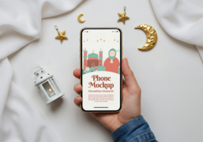 A hand holds a phone displaying a Ramadan Mubarak phone mockup design psd