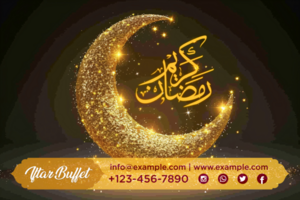 Ramadan Iftar Night Banner with a Vibrant Background, Golden Crescent, and Decorative Arabic Calligraphy psd