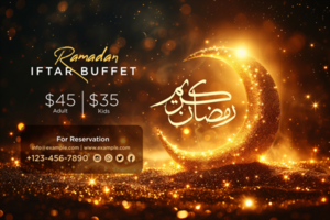 Elegant Ramadan Kareem Iftar Party invitation with artistic crescent moon and intricate details psd