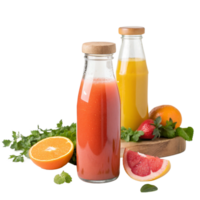 refrescante fruta sucos dentro vidro garrafas com fresco citrino frutas e bagas png