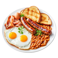 lleno Inglés desayuno con frito huevos, salchichas, tocino, frijoles, y brindis en un blanco lámina. tradicional Mañana comida. png