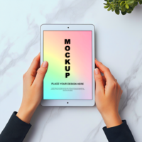 hands holding an ipad mockup on marble table psd