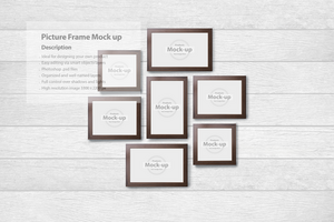 Picture frame mock-up template in front of wood texture psd