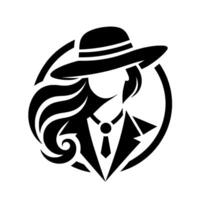 Elegant Silhouette A monochrome emblem of a woman in a widebrimmed hat, suit, and long flowing hair, framed in a circular , evoking mystery and sophistication. vector