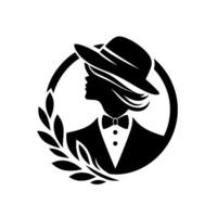 Elegant Silhouette Woman in a Hat and Bow Tie within a Laurel Wreath Circle, a Classic Black and White vector