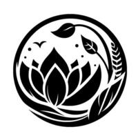 Intricate Black and White Circular Emblem A Lotus Blossom with Botanical Elements, Bird Silhouettes, and Elegant Composition. vector