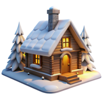 serein Créatif une rustique Journal cabine, niché dans couvert de neige montagnes, allumé par une crépitement cheminée, rendu dans une confortable, illustratif style détaillé png