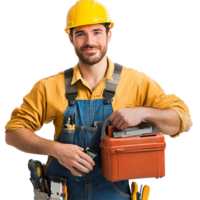 Fachmann Klempner steht bereit zum Bedienung mit Werkzeuge im Hand und ein Werkzeugkasten im ein hell Gelb schwer Hut, Fachmann Bedienung online Klempner und Handwerker png