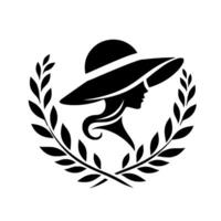 Elegant silhouette of a woman with a widebrimmed hat encircled by laurel wreath, a sophisticated monochromatic composition. vector