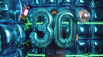 Woman Holding Number 30 Balloon Elegant 30th Party Decoration in Blue Background Celebration Anniversary thirthy Theme video