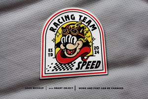 Mockup racing cat wearing helmet Patch Logo, perfect for patch on jacket, image on t-shirt, etc psd