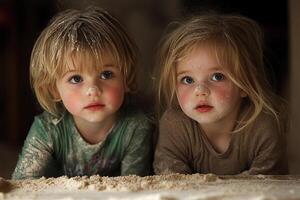 Two young children are sitting on a bed of sand photo
