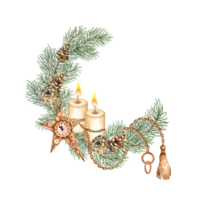 abeto sucursales, cadenas, conos, velas, estrella, engranaje colgantes Navidad y nuevo año guirnalda acuarela ilustración. redondo marco, frontera con invierno plantas aislado desde antecedentes. pino, hojas perennes. png