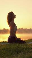 une femme est pratiquant yoga avec la grâce et élégance à coucher de soleil, incorporant une Profond sens de paix et équilibre tandis que harmonisant sa esprit avec le Stupéfiant beauté de la nature comme été approches video