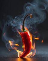 A red hot chili pepper is on fire with smoke photo