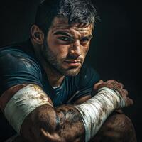 A man with a bandaged arm is sitting on the ground photo