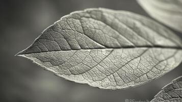 de cerca de un escala de grises hoja, exhibiendo intrincado venación patrones y textura. foto