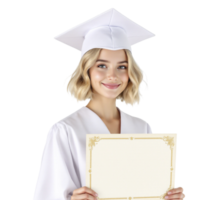 A young woman in a graduation gown holding a blank certificate png